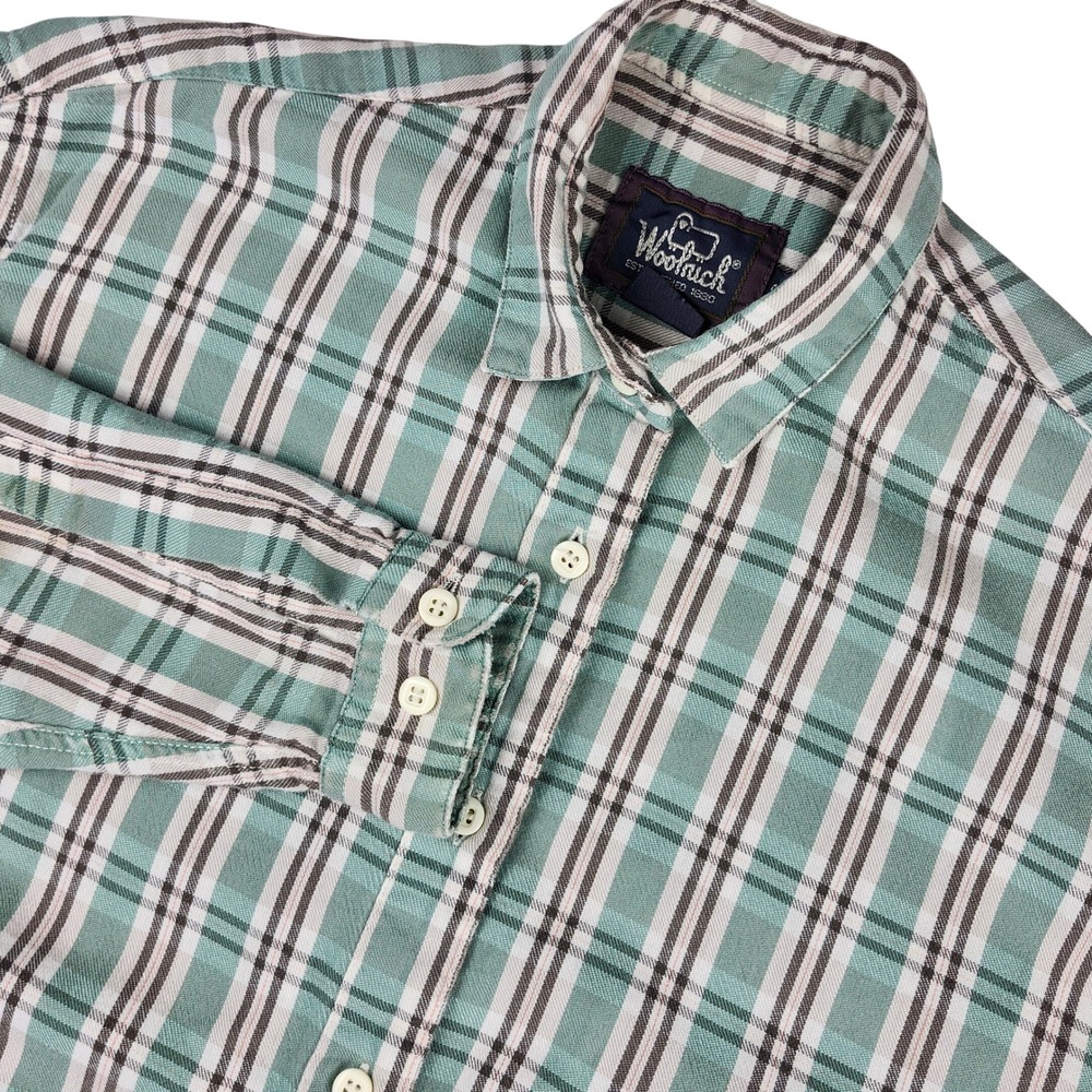 Woolrich Plaid Long Sleeve Button Up Flannel Shirt Womens Med Green Brown Worn